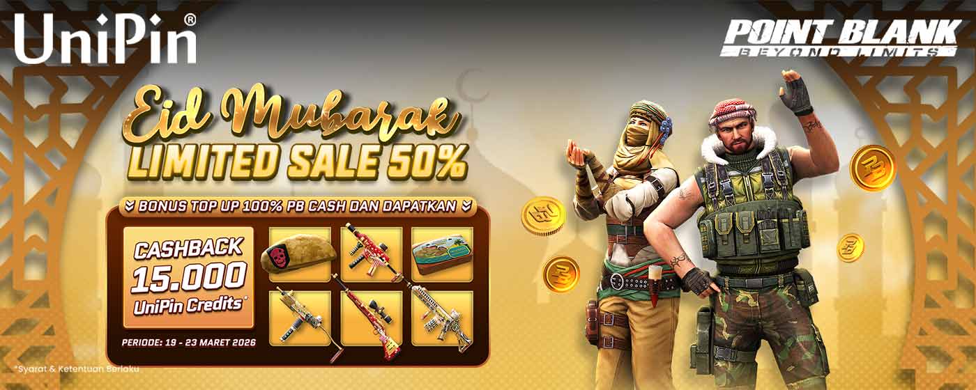 Eid Mubarak Limited Sale 50%! Top Up PB Cash dan dapatkan Bonus Top up 100% + Cashback 15.000 UniPin Credits!